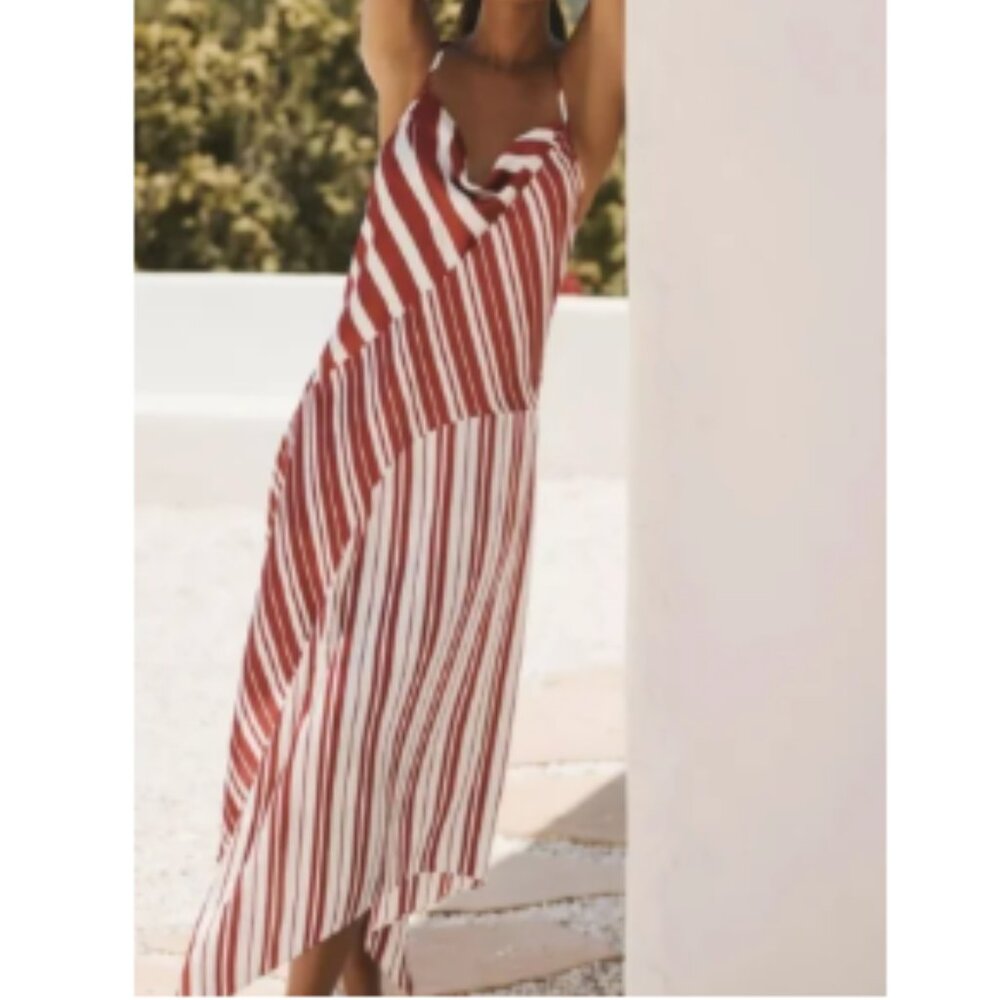 Anthropologie Rust and White Striped Midi Slip Dress
